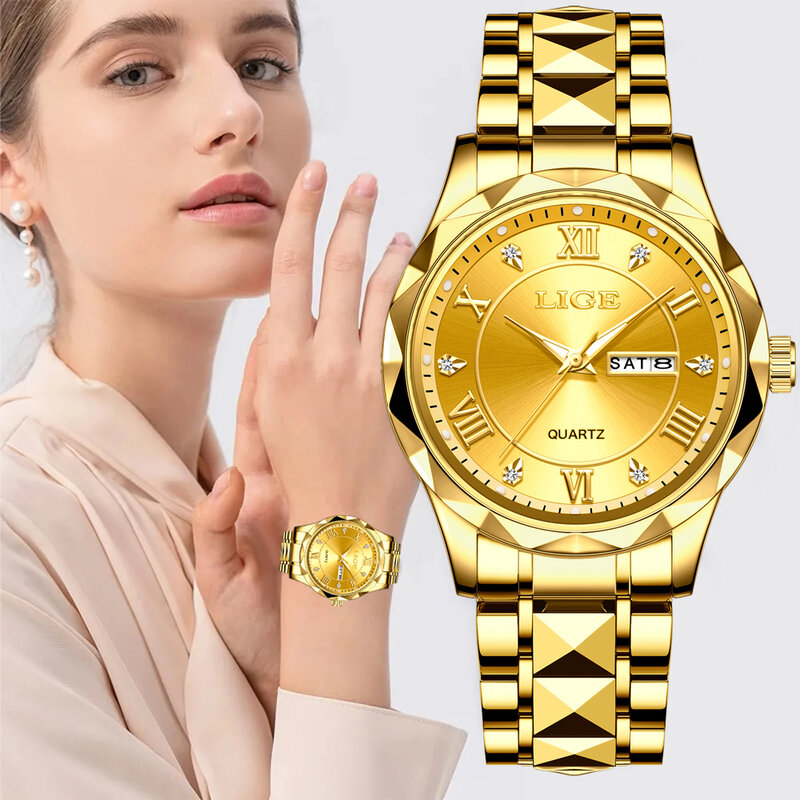 LIGE jam tangan wanita, merek mewah modis tahan air tanggal jam tangan wanita kuarsa