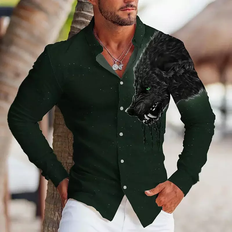 Camisa con estampado de lobo para hombre, moda informal, fiesta al aire libre, súper genial, nuevo patrón de hombre lobo, 2023 XL, tela suave y cómoda