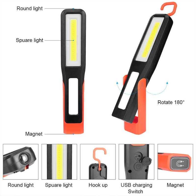 COB 작업 검사 빛 USB 충전 LED 토치 회전 후크 캠핑 자동차 수리 유지 보수를위한 자기 손전등