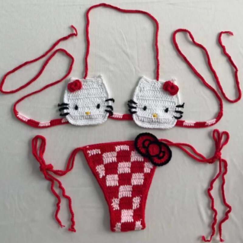 Hallo Kitty Stricken sexy Bikini Set Bowknot Schnürung y2k Badeanzug Patchwork Strand Stil Bade bekleidung Frauen Sommer Bad Set