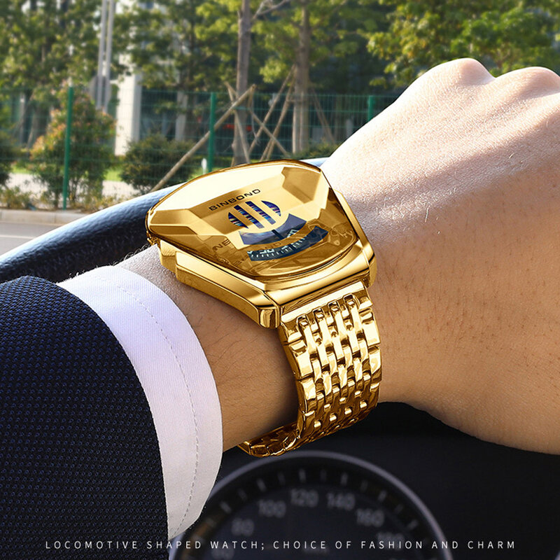 Dropshipping moda legal locomotiva dos homens relógios de luxo quartzo ouro relógio de pulso à prova dwaterproof água forma geométrica relogio masculino