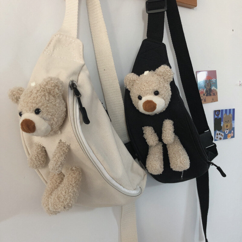 귀여운 곰 만화 대용량 크로스 바디 숄더백 여성용, 손 무료 캔버스 가방 벨트 가방