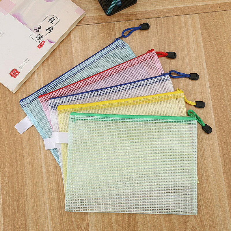 Transparente Zipper File Bag, papelaria estudante criativo, impermeável Pen Bag, Office Data Bag, Ticket Storage, A4 Grid, 5pcs