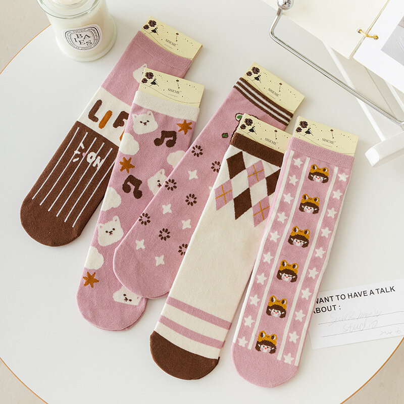 Calcetines de algodón de tubo medio recto para mujer, lindos calcetines de ardilla japonesa ins flower pile