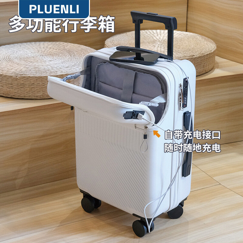 PLUENLI Front Opening with Usb Interface Trolley Case Aircraft Wheel Boarding Case Multifunctional Suitcase