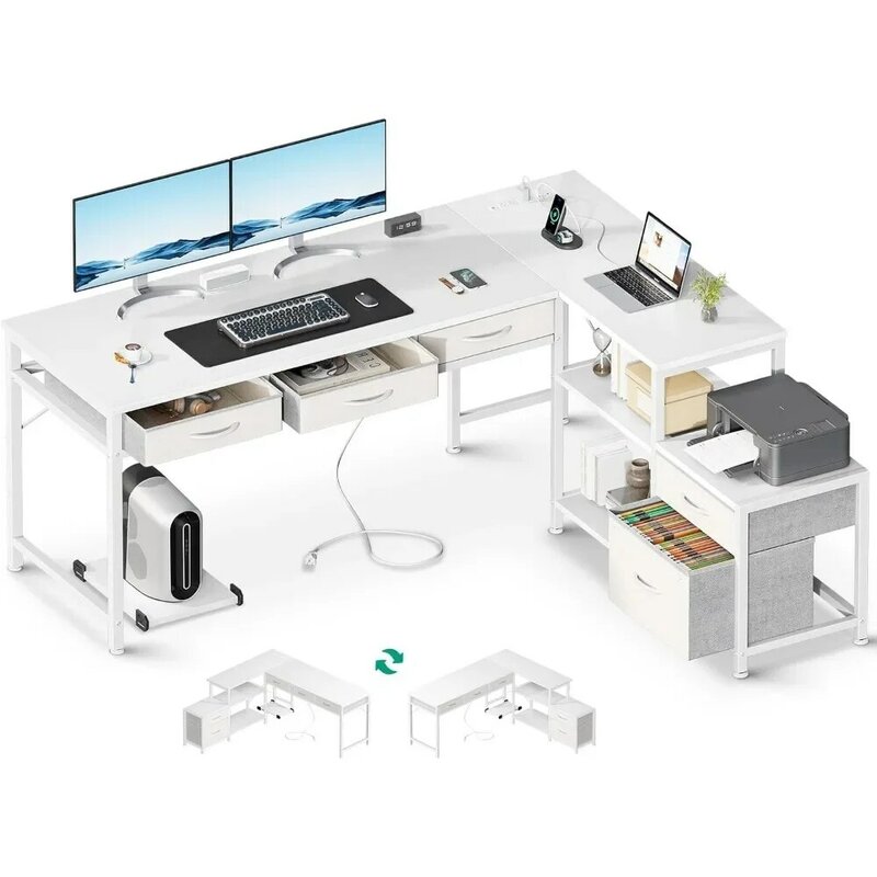 Mesa do computador em forma de L com tomada e Console Rack, reversível Home Office Workstation, branco, 61 pol
