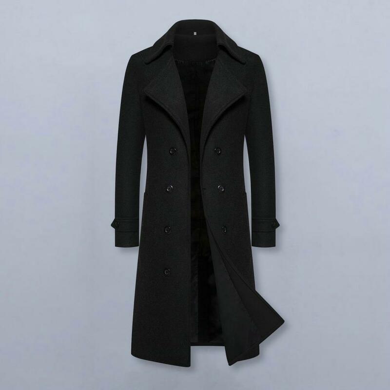 Thick Coat Double-breasted Men's Mid Length Overcoat with Thick Windproof Warmth Slim Fit Long Sleeve Cardigan Lapel for Fall