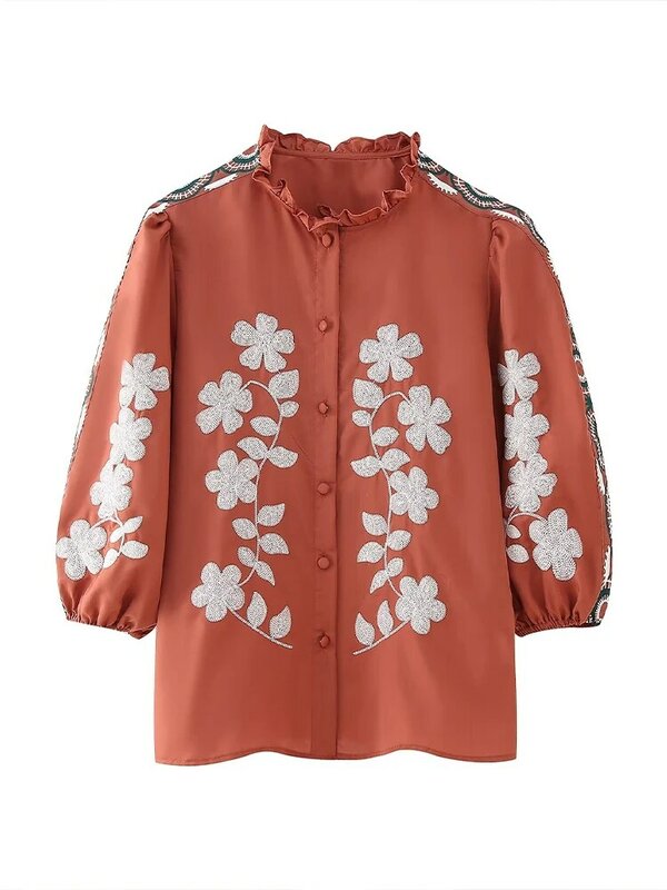 TRAF-2024-Camisa de manga larga con cuello redondo para mujer, camisa francesa Retro con bordado Floral, botonadura única, novedad de verano