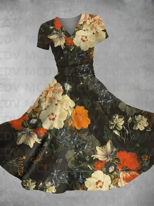 فستان طويل نسائي كلاسيكي مطبوع بالزهور ، فستان مثير برقبة على شكل حرف V ، فساتين نسائية ، طباعة ثلاثية الأبعاد