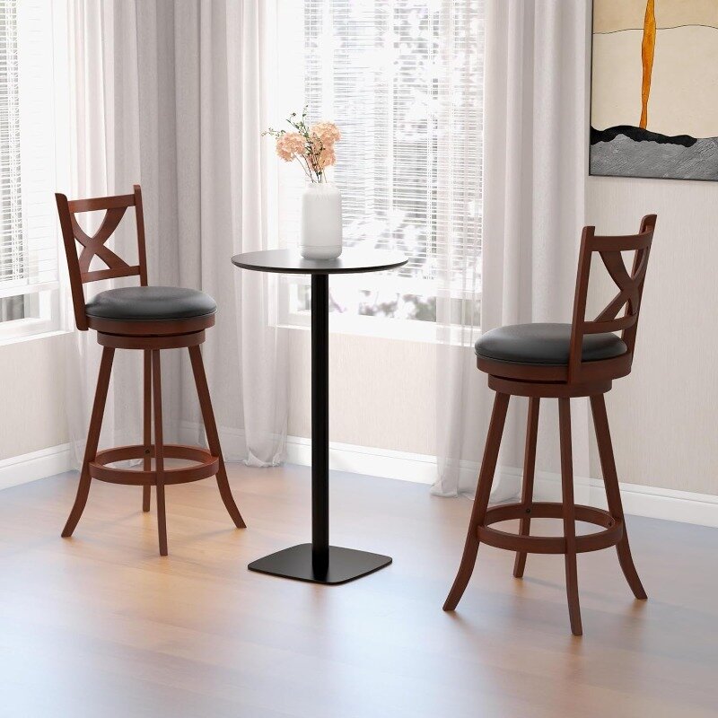 Stołki barowe zestaw stołków 2, 30 "z oparcia, solidna gumka rama drewniana, skórzanym wyściełanym siedziskiem, obrotowe stołki stołowe 360 °