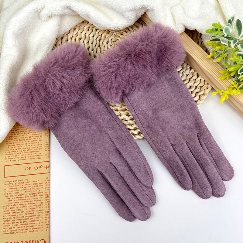 Sarung tangan wanita, sarung tangan layar sentuh beludru tebal bulu kelinci hangat musim dingin
