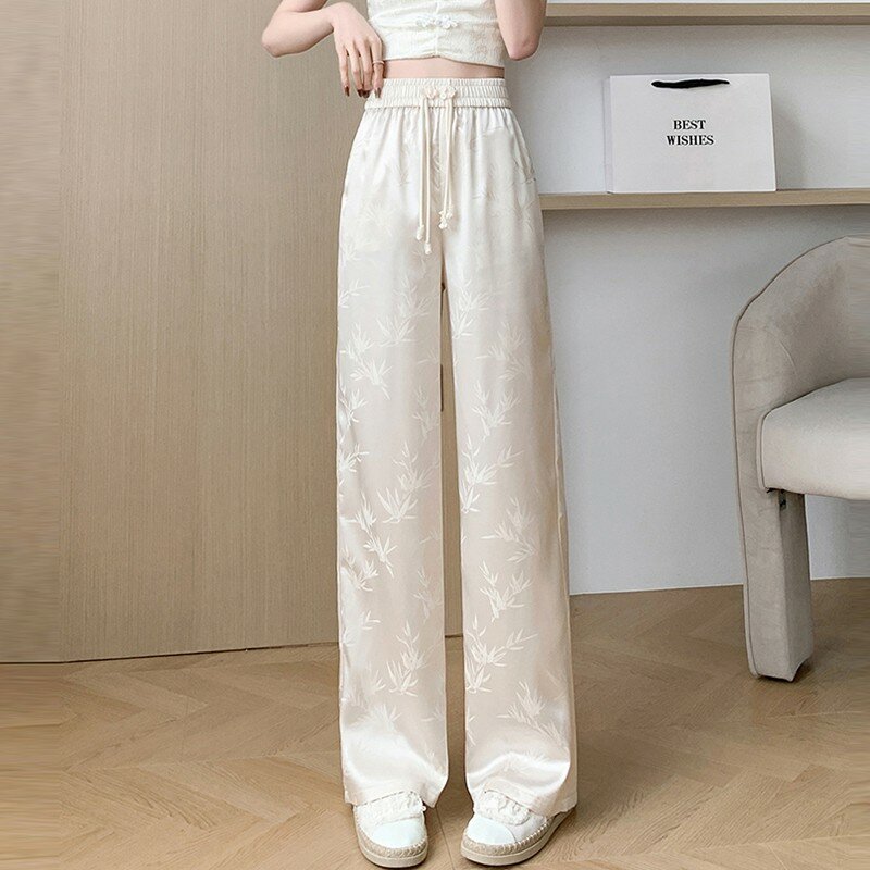 Женские повседневные брюки с широкими штанинами, элегантные весенние брюки в Корейском стиле с винтажным принтом и высокой талией, модель W1736, 2024