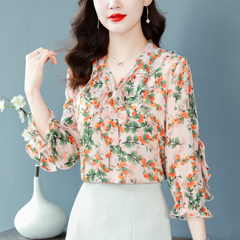 Damska letnia koreańska moda biurowa pani luźny z nadrukiem z kokardą kwiatowa szyfonowa sweter z dekoltem typu V-neck 3/4 rękaw damskie ubrania Tren koszule