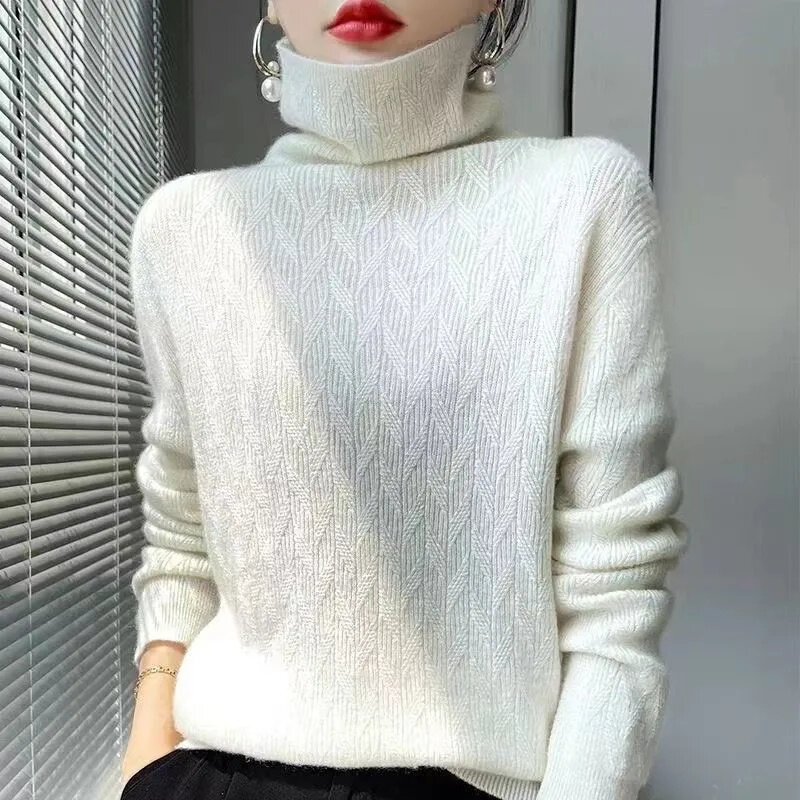 Pulôver de manga comprida de gola alta feminino, suéter de lã 100% puro, tricotado, quente, macio, coreano, top fashion, novo, 2023