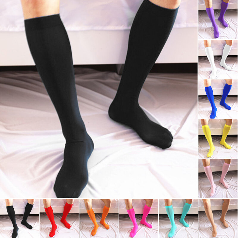 Новые мужские сексуальные бесшовные ультратонкие носки средней длины, чулки, Однотонные эластичные носки до колена, невидимые домашние повседневные мужские носки