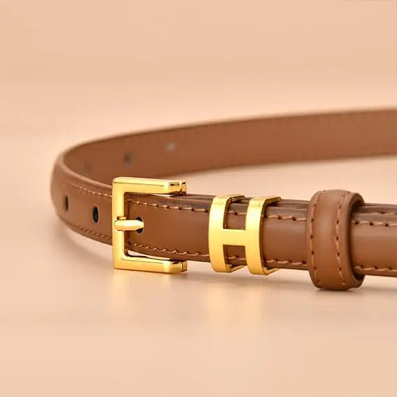 Women Skinny  Leather Belt Gold Buckle Design Fashion Skinny Leather Belts Adjustable  Jeans   Belt for Pants in Pin Buckle