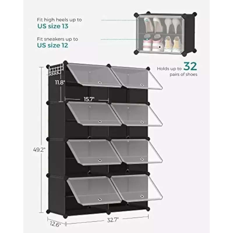 6/8/10-Cube Shoe Rack Organizer w/ Doors,24/32/40 Pair Plastic Shoe Storage Cabinet for Entryway,Steel Frame,Plastic Panel,Black
