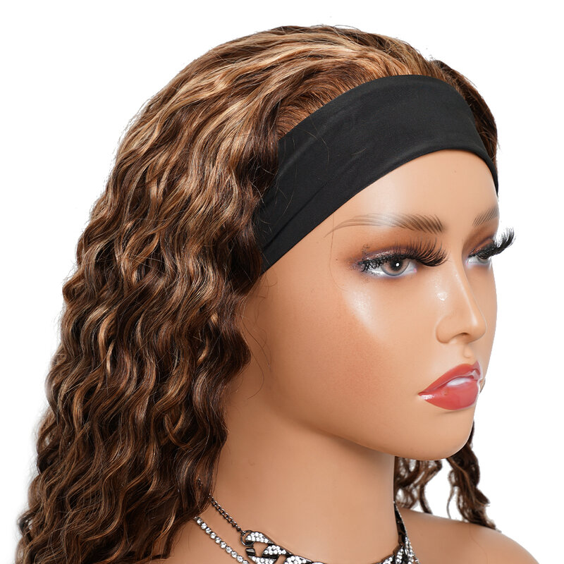Headband Wigs Ombre Human Hair Water Wave Curly Headband Human Hair Wigs for Women Brazilian Highlight Wigs Honey Blonde Wig
