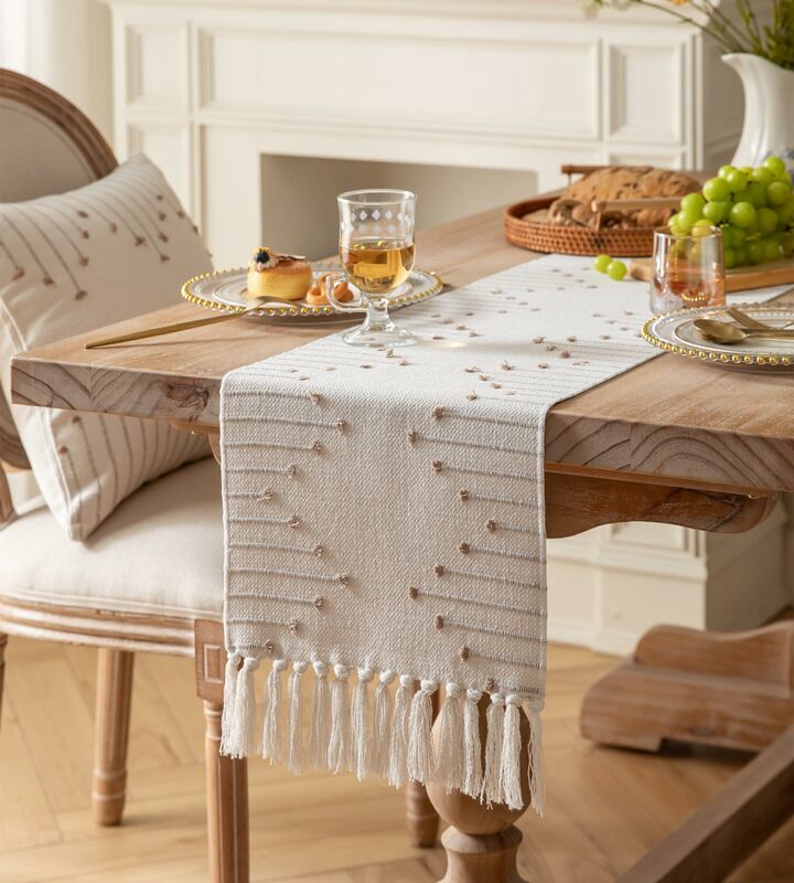 Boho taplak meja katun alami, hiasan rumah tangga dengan rumbai untuk dekorasi meja makan Modern