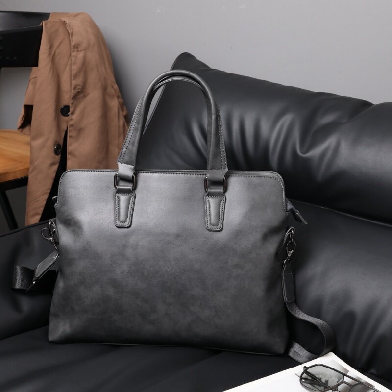 Maletines de cuero suave gris para hombre, bolsos de lujo, bolso de mensajero de hombro de alta calidad, bolsos para computadora portátil de oficina masculina