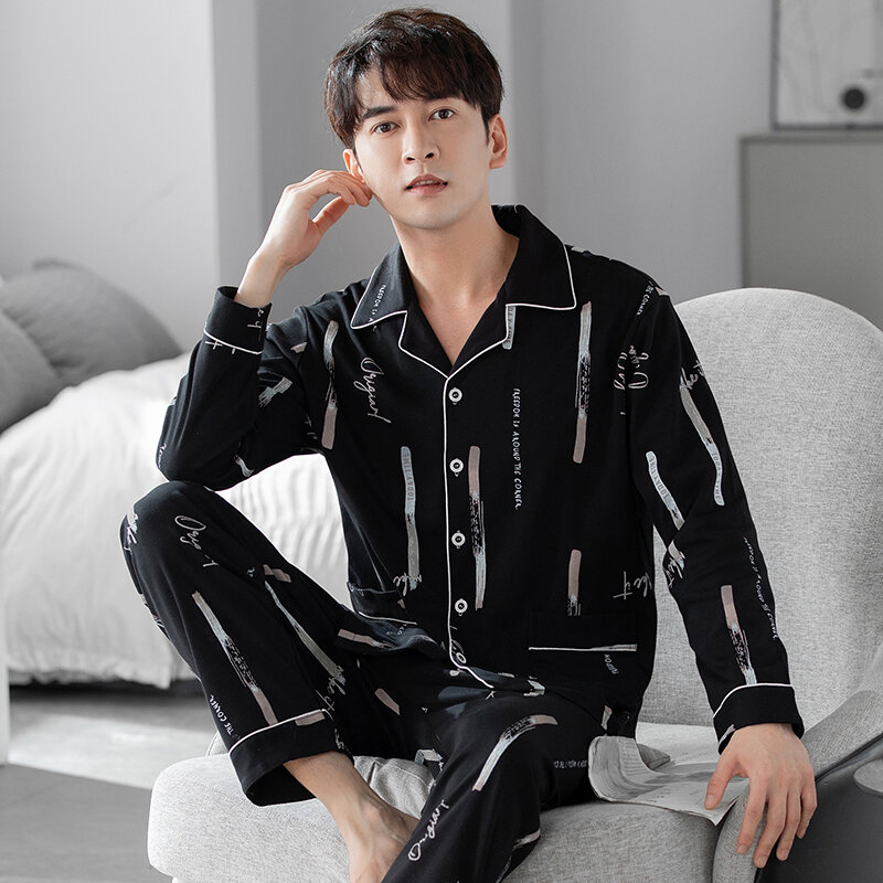 Pijama de manga comprida de algodão puro masculino, estampado cardigã, moda casual, calça nova para primavera e outono