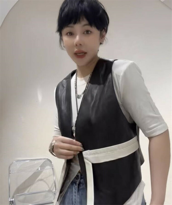 Gilet de couleur contrastée en cuir véritable pour femme, veste sans manches coréenne, style avocat en peau de mouton, Y4210