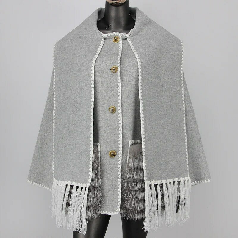 진짜 실버 여우 모피 포켓 겨울 여성 재킷, 양모 혼방 캐시미어 코트, 니트 태슬 스카프 칼라, 루즈 아우터