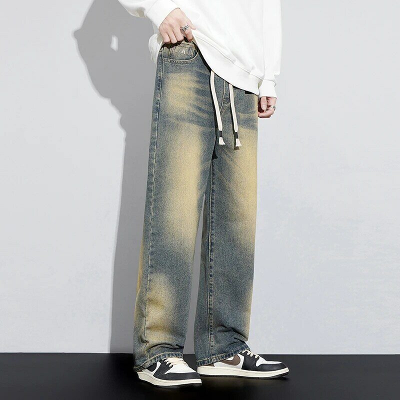 Jeans largos e largos para homens, calças soltas Kpop jeans vintage, roupas masculinas, cordão elástico na cintura, novo
