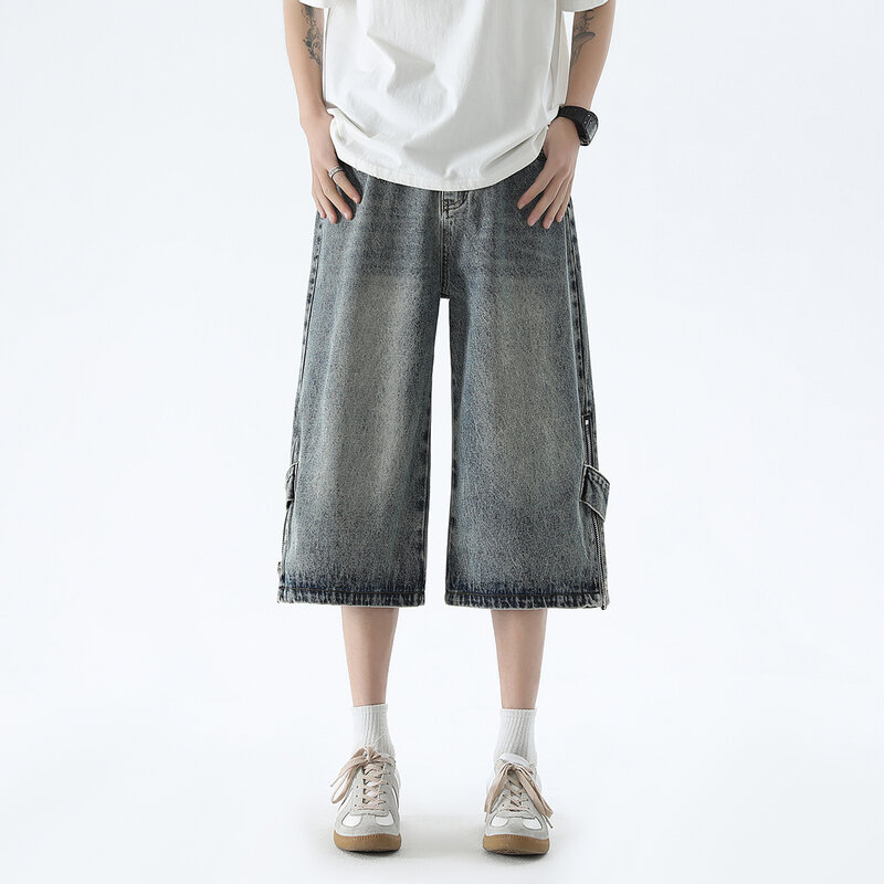 กางเกงยีนส์ขายาวสำหรับผู้ชายขาสั้นขาบานสำหรับฤดูร้อนกางเกงยีนส์ทรงหลวมแฟชั่นซัก2024สไตล์เกาหลี