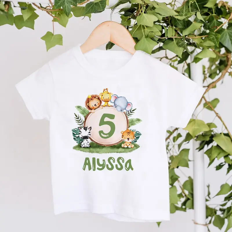Spersonalizowana koszulka urodzinowa 1-12 lat T-Shirt Wild Tee Girls Boys Wild Theme Party T Shirt Animal with Name Clothes Kids Tops