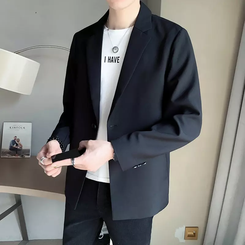 Jaqueta slim fit de peito único masculina, blazer casual inteligente, casaco asiático fino, roupa coreana, preta, primavera, nova chegada, moda