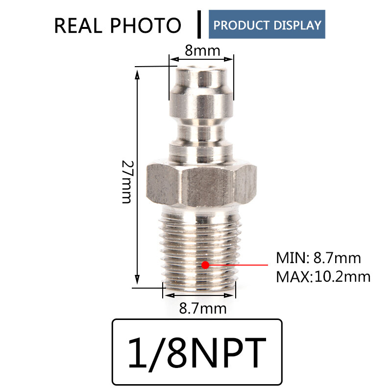 Quick Coupler 8MM Male Plug Adapter Fittings 1/8NPT 1/8BSPP M10x1 Thread Air Refilling Stainless Steel 3pc/set
