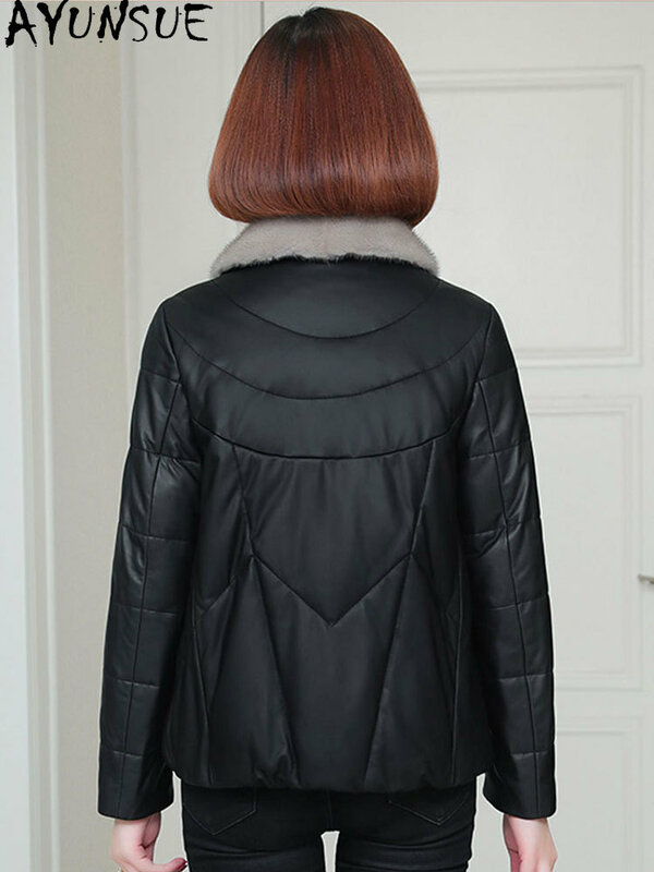 AYUNSUE 여성용 진짜 가죽 재킷, 양가죽 코트, 밍크 퍼 칼라, 짧은 다운 코트, 가을, 겨울 파카, 카사코, 여성