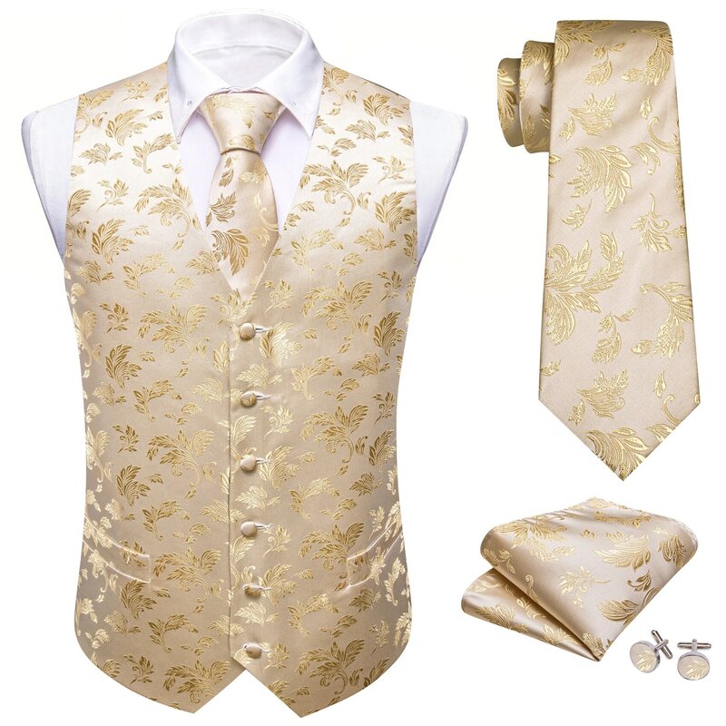 Luxury Silk Mens Vest Gold Beige Flower Embroidered Waistcoat Tie Set Wedding Business Party Suits Sleeveless Jacket Barry Wang