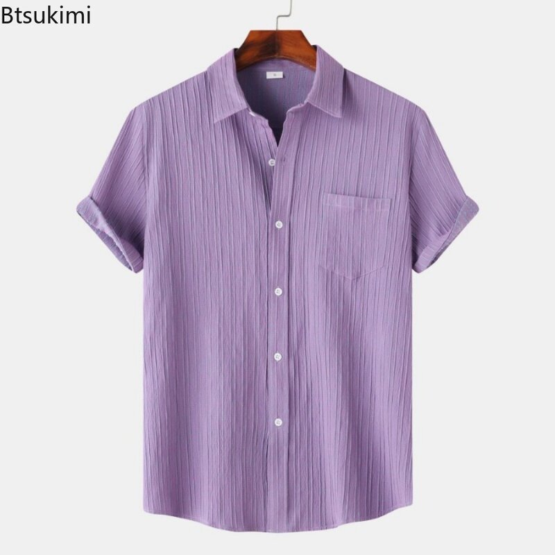 2024 New Men's Solid Striped Shirts Summer Fashion Short Sleeve Simple Lapel Tops Male Casual Holiday Daily Wear Camisas Homme