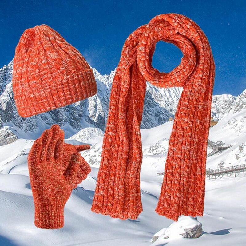 3Pcs/Set Neck Protection Knitted Hat Winter Warm Windproof Beanies Hat Outdoor Soft Scarf Gloves Set Men Women