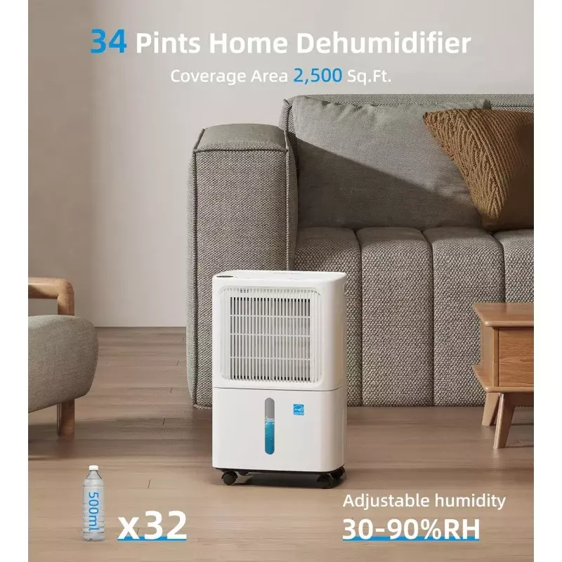 2500 Sq. Ft Dehumidifier for Basement, 34 Pint Energy Star Dehumidifiers For Home, Large Room, Auto Drain or Manual Drainage, Di
