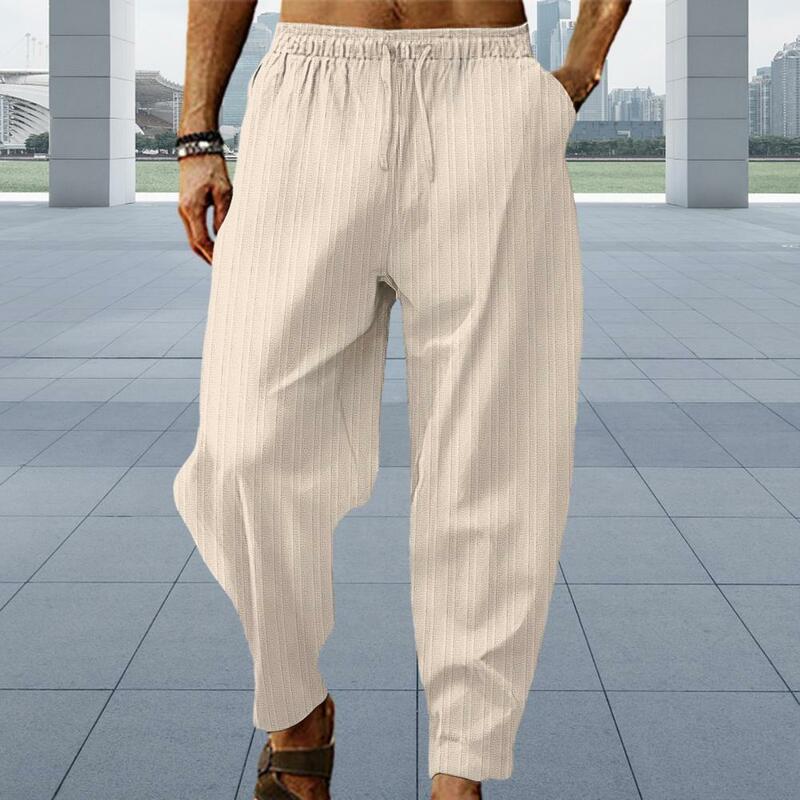Брюки мужские в полоску, спортивные штаны со средней талией, с широкими штанинами, с завязкой, с эластичным поясом, мягкие дышащие спортивные штаны для комфорта