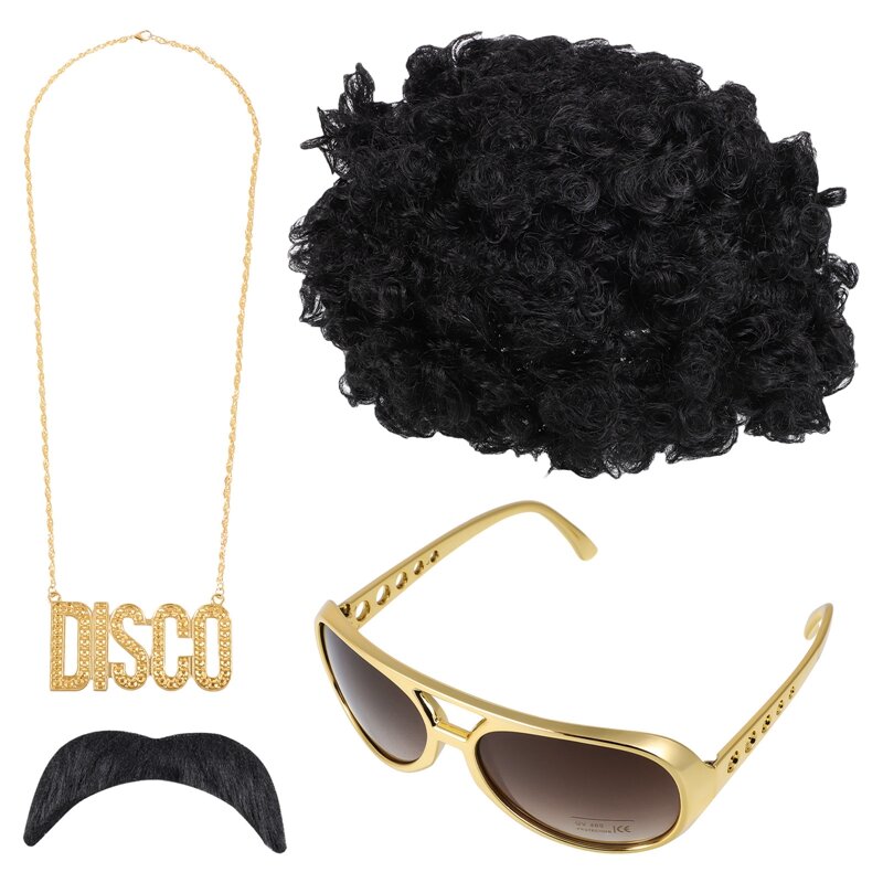 Conjunto de disfraz de Hip Hop, peluca Afro Funky, gafas de sol, palo de bigote, carta, signo de la paz, collar para fiesta temática de 50/60/70/80s