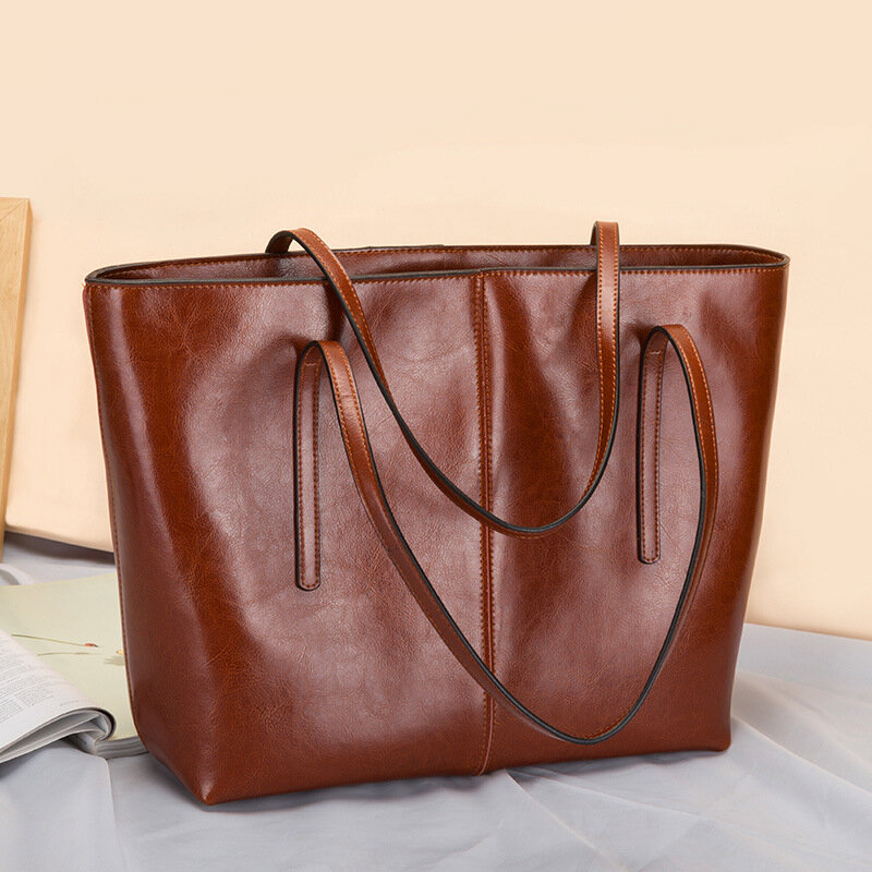 Женская кожаная сумка-тоут, однотонная вместительная сумка на плечо, 2022
