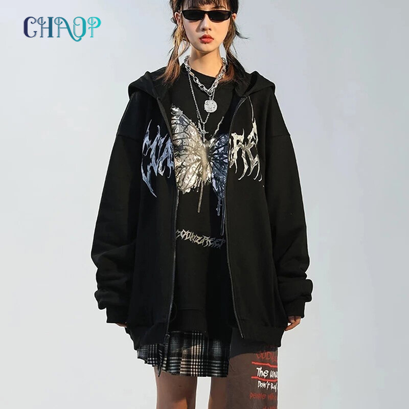 Herbst Hip Hop Overs ize Frauen Hoodies Streetwear Schmetterling Druck schwarz Sweatshirt Harajuku Reiß verschluss Goth Punk weibliche Jacke Hoodie