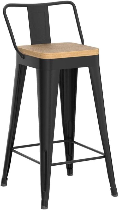 Metal Bar Stools Set of 4 Counter Height Bar Stools Barstools with Removable Back 24" Kitchen Bar Stools with Wooden Seat, Black