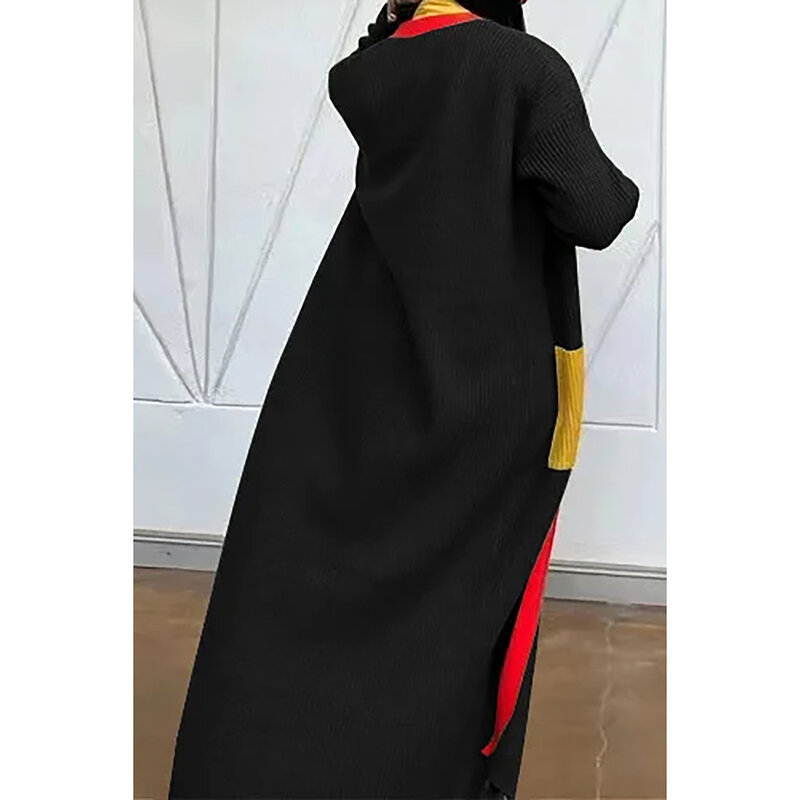 Cárdigan de color block con flecos de punto negro para uso diario, prendas de vestir exteriores de talla grande