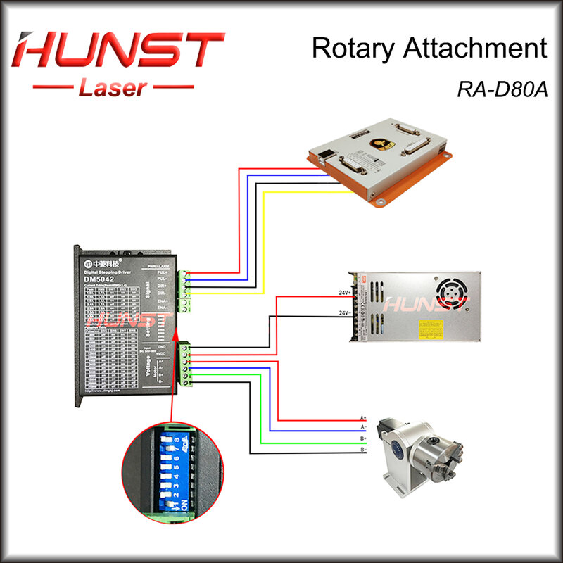 Hunst Rotary Attachment D80 Rotary Device with 3 Jaw Chuck, Can Choose DM5042 Driver for UV CO2 and Fiber Laser Marking Machine