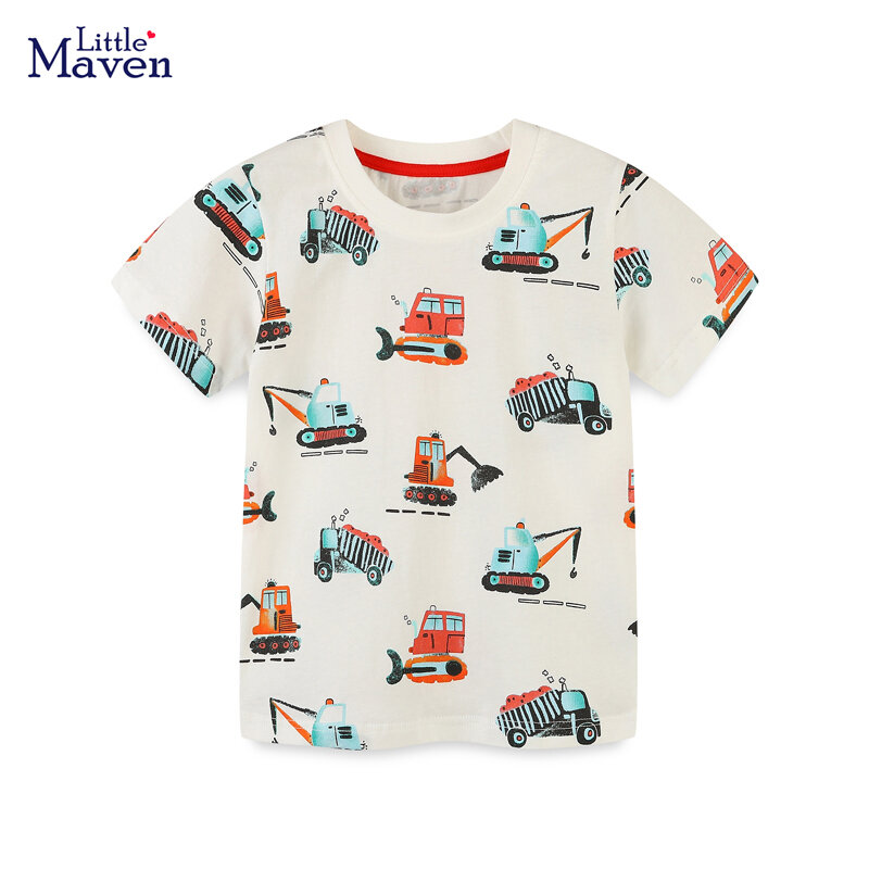 Little MAVEN 2024แฟชั่นฤดูร้อนใหม่เสื้อยืดเด็กการ์ตูนรถขุดเสื้อยืดทารกชายเสื้อผ้าเด็ก