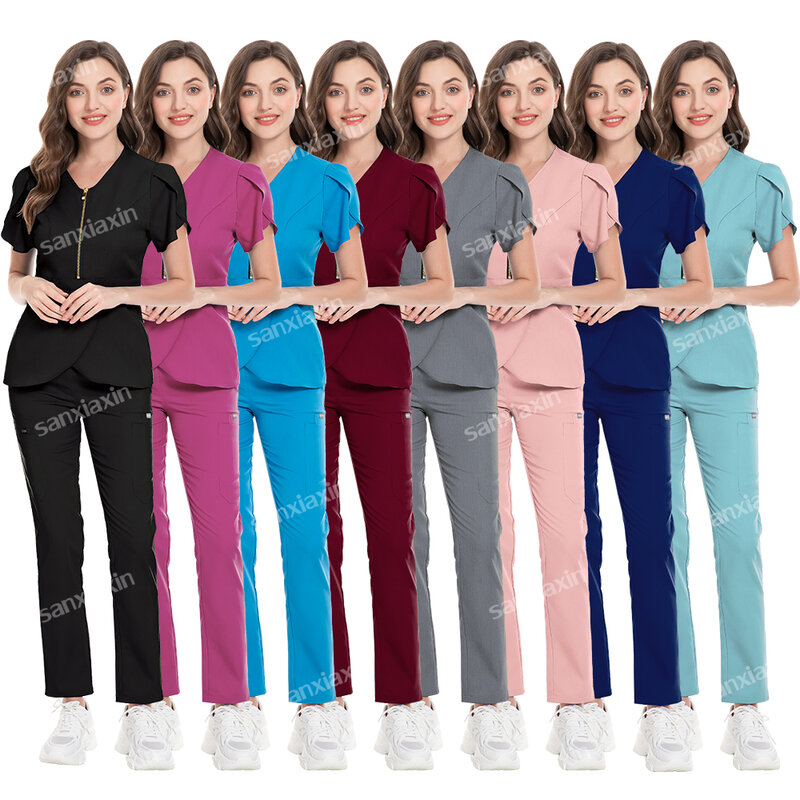 Short Sleeve Blouse+Straight Pants Surgical Gown Women Hospital Beauty Spa Uniforms Medical Clinical Uniform Dentist Work Suits
