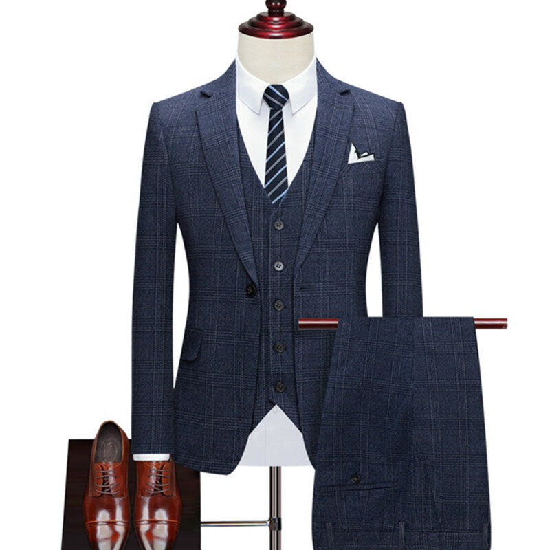 Terno de escritório casual masculino, vestido de noiva noivo, smoking, jaqueta boutique, colete, calças, conjunto blazers xadrez, nova moda, 3 peças