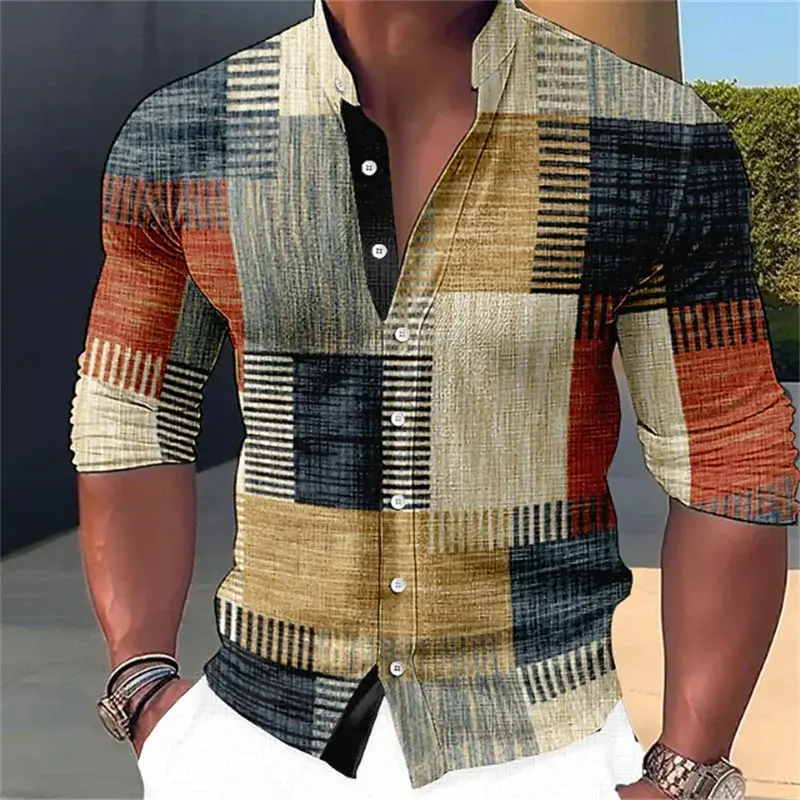 Men's shirt fashion splicing lapel stand collar casual top outdoor street party soft comfortable light breathable new plus size
