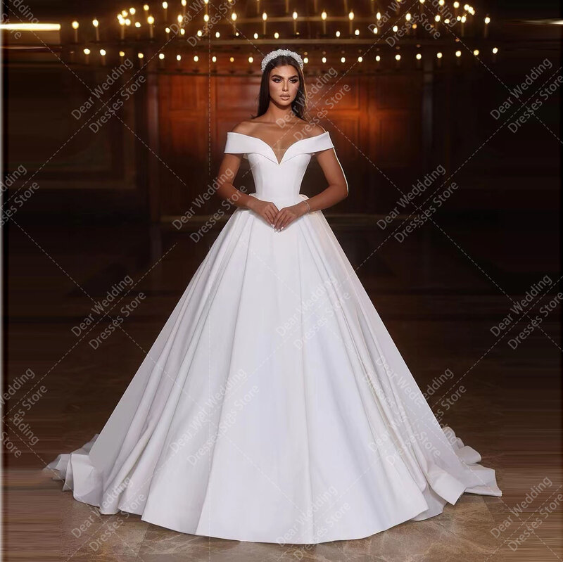 Wunderschöne eine Linie Brautkleider für Frau von der Schulter V-Ausschnitt Satin formelle Prinzessin Mode Brautkleider Vestidos de Novia