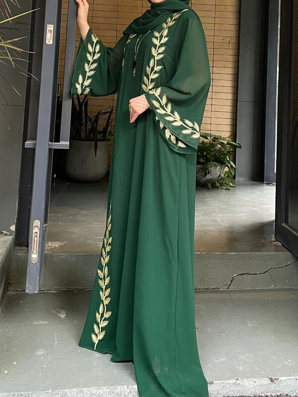 Robe longue brodée avec écharpe pour femme, abaya musulmane, caftan marocain, écharpe de sauna, robe arabe de Dubaï, Eid, magnifique, ensemble de 2 pièces